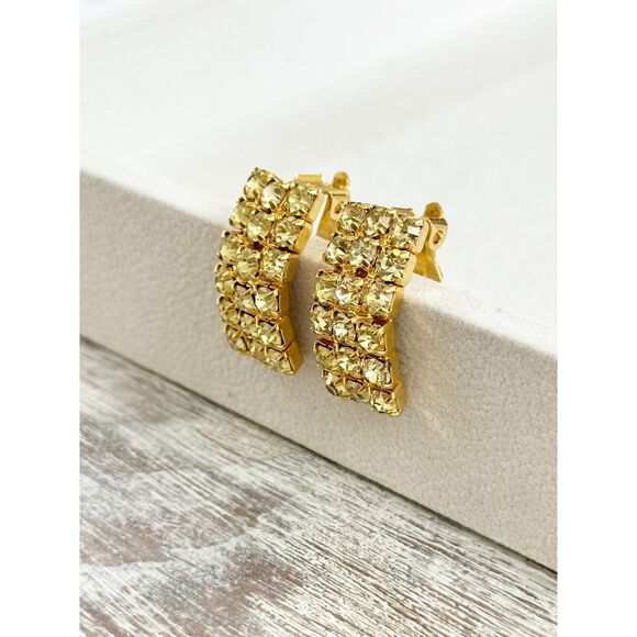 Vintage lemon yellow crystal rhinestone clip on earrings - Picture 4 of 6